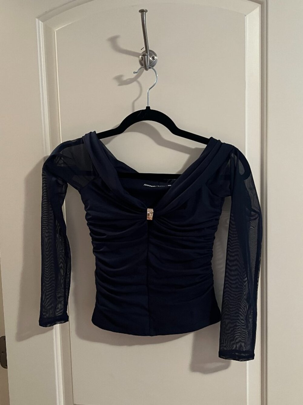 Abercrombie & Fitch Navy Blue Ruched Mesh Sleeve Off-Shoulder Top Size XS